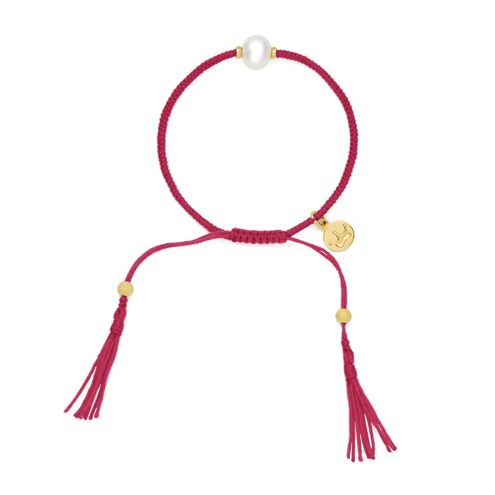 8mm freshwater pearl adjustable tassel bracelet on recycled plastic coloured thread