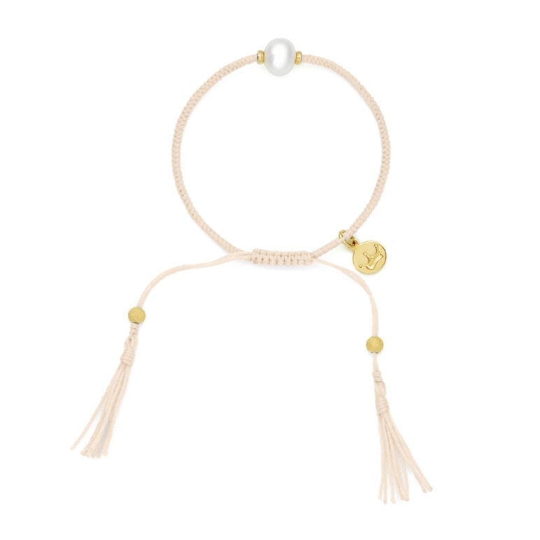 8mm freshwater pearl adjustable tassel bracelet on recycled plastic coloured thread