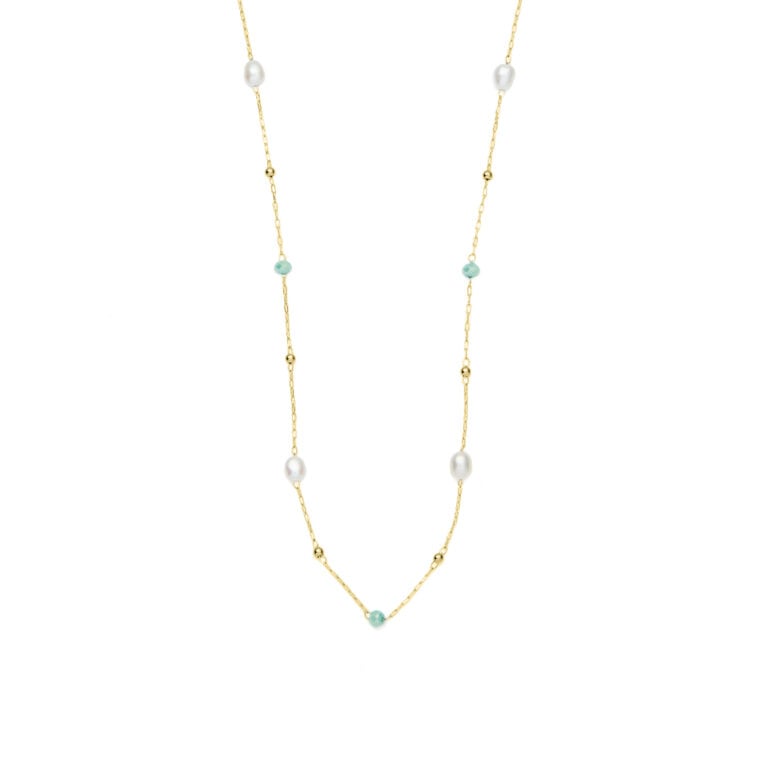 3mm green glass beads and freshwater pearl yellow gold plated stainless steel necklace chain