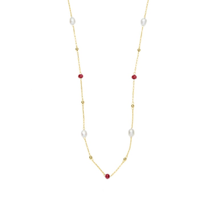 3mm red glass beads and freshwater pearl yellow gold plated stainless steel necklace chain