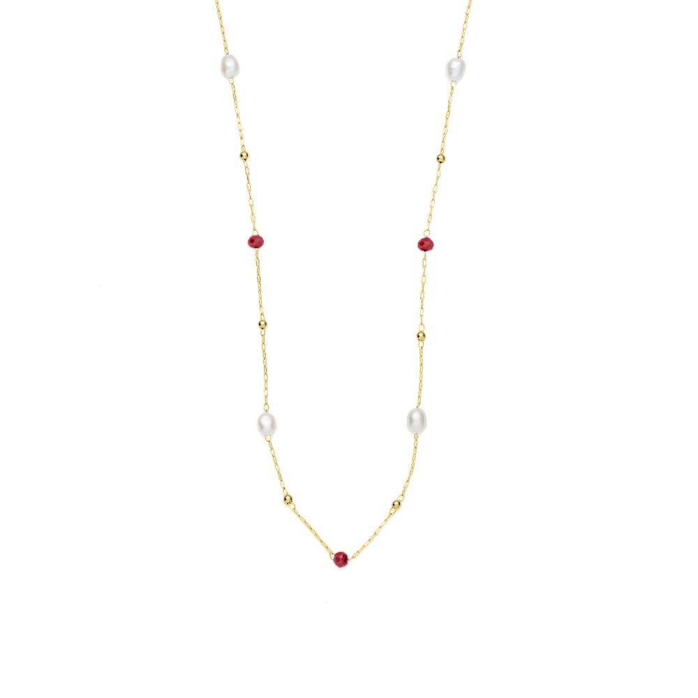 3mm red glass beads and freshwater pearl yellow gold plated stainless steel necklace chain