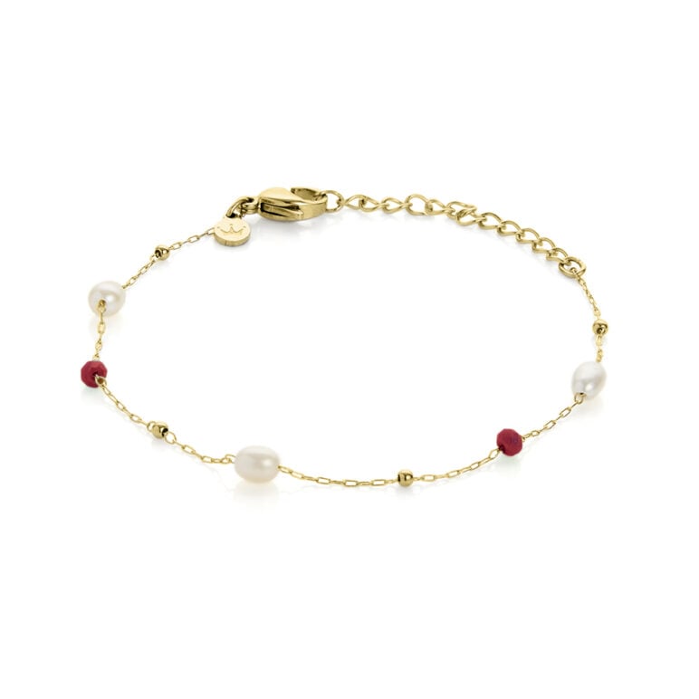 3mm red glass beads freshwater pearls and yellow gold plated stainless steel chain bracelet