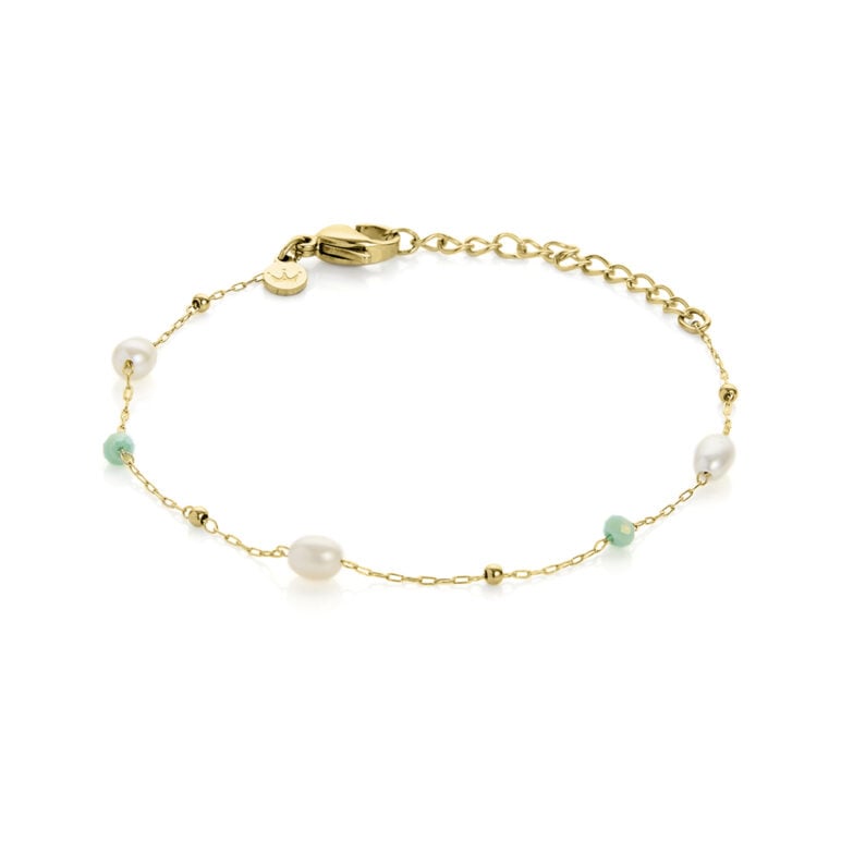 3mm green glass beads freshwater pearls and yellow gold plated stainless steel chain bracelet