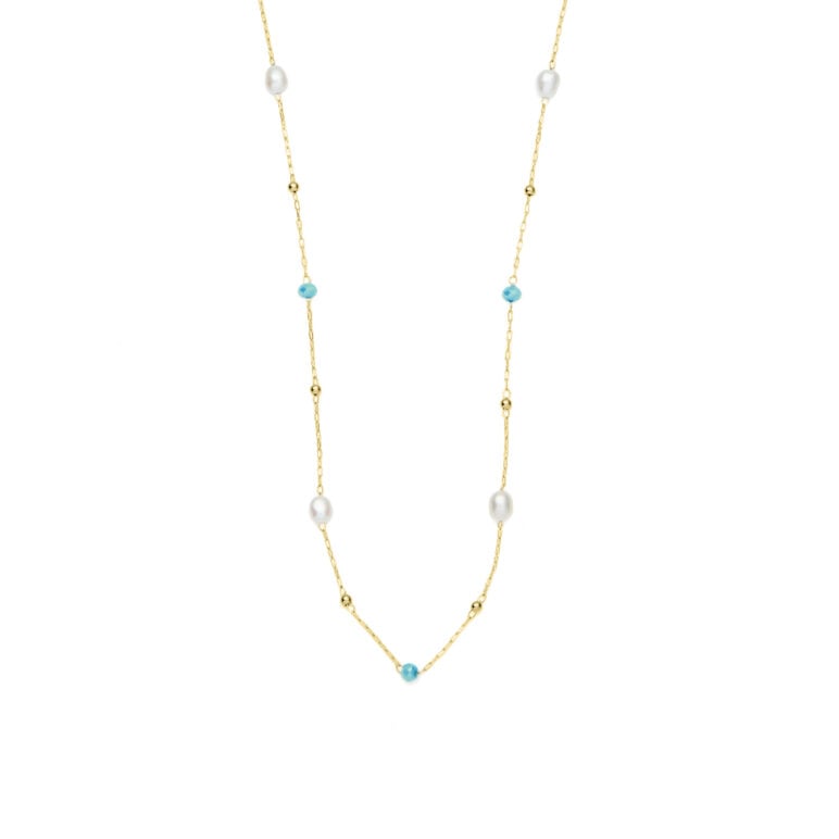 3mm blue glass beads and freshwater pearl yellow gold plated stainless steel necklace chain