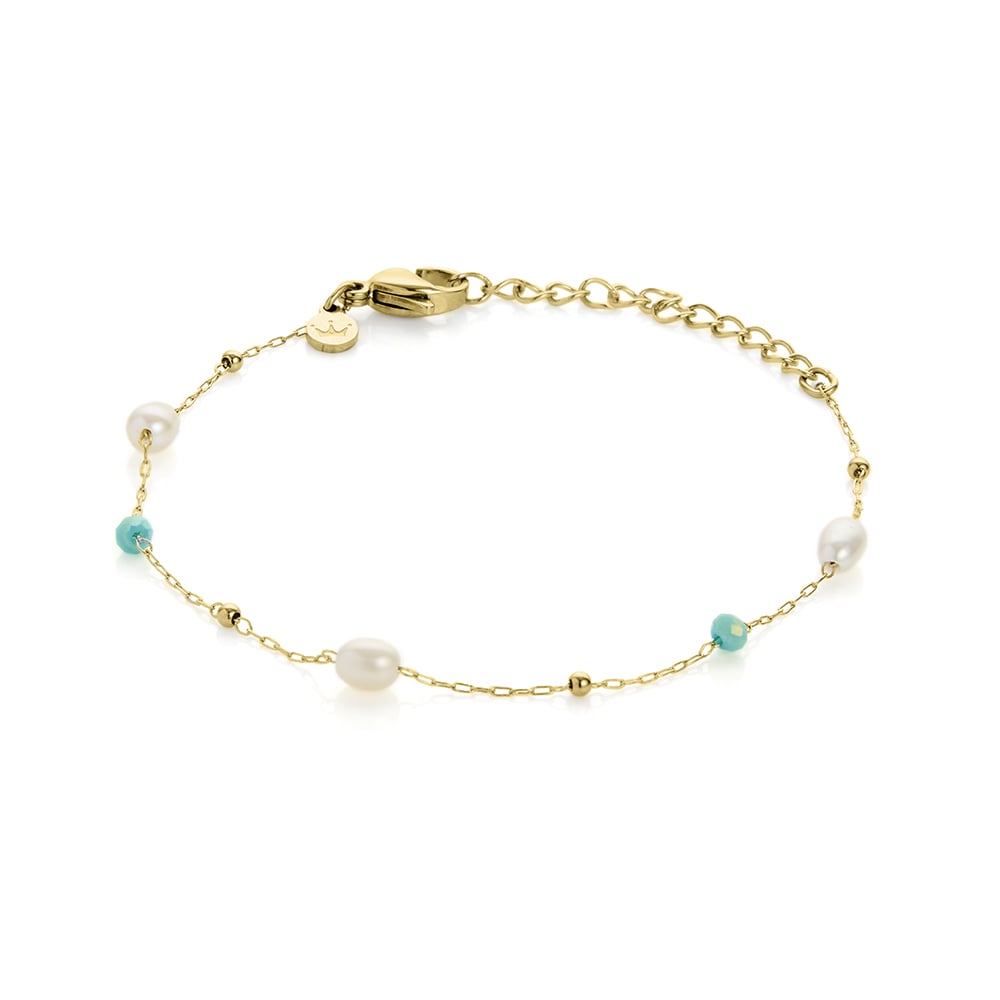 3mm blue glass beads freshwater pearls and yellow gold plated stainless steel chain bracelet