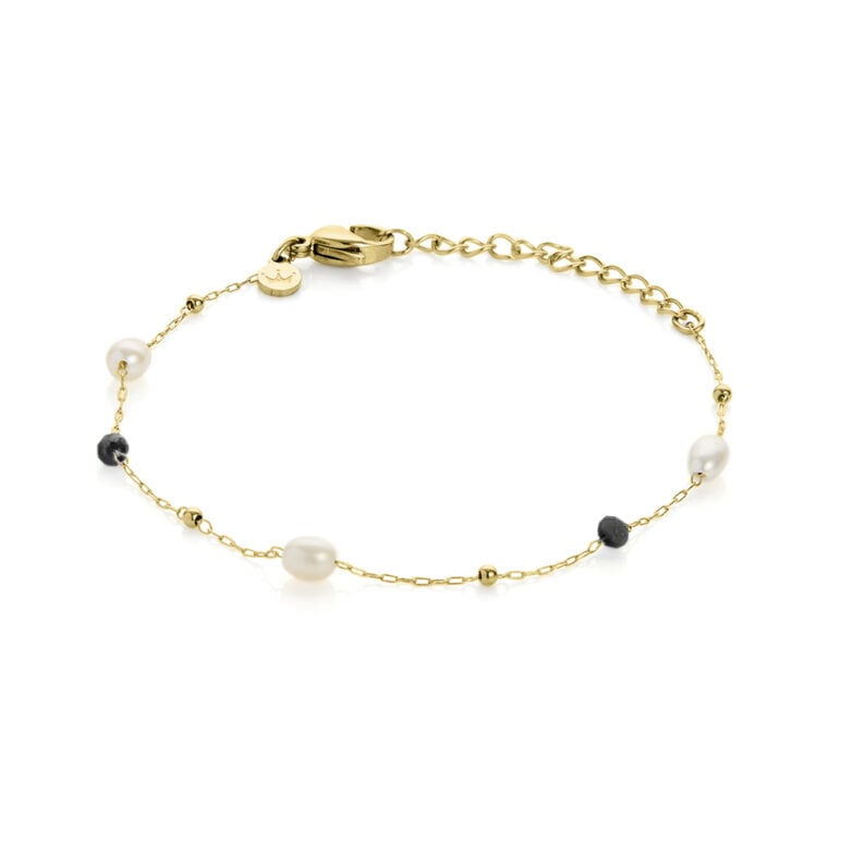 3mm black glass beads freshwater pearls and yellow gold plated stainless steel chain bracelet