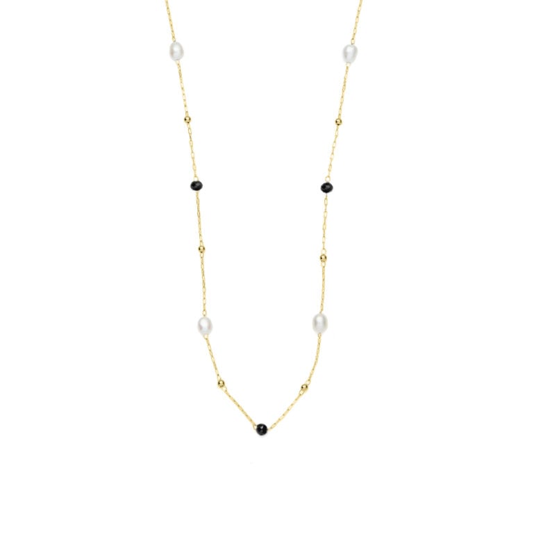 3mm black glass beads and freshwater pearl yellow gold plated stainless steel necklace chain