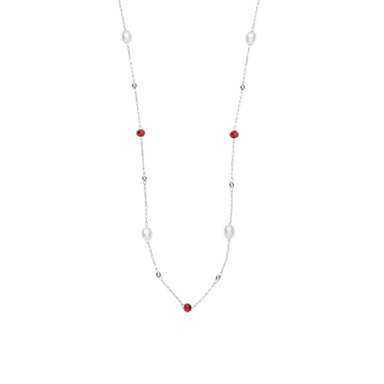 3mm red glass beads and freshwater pearl stainless steel necklace chain