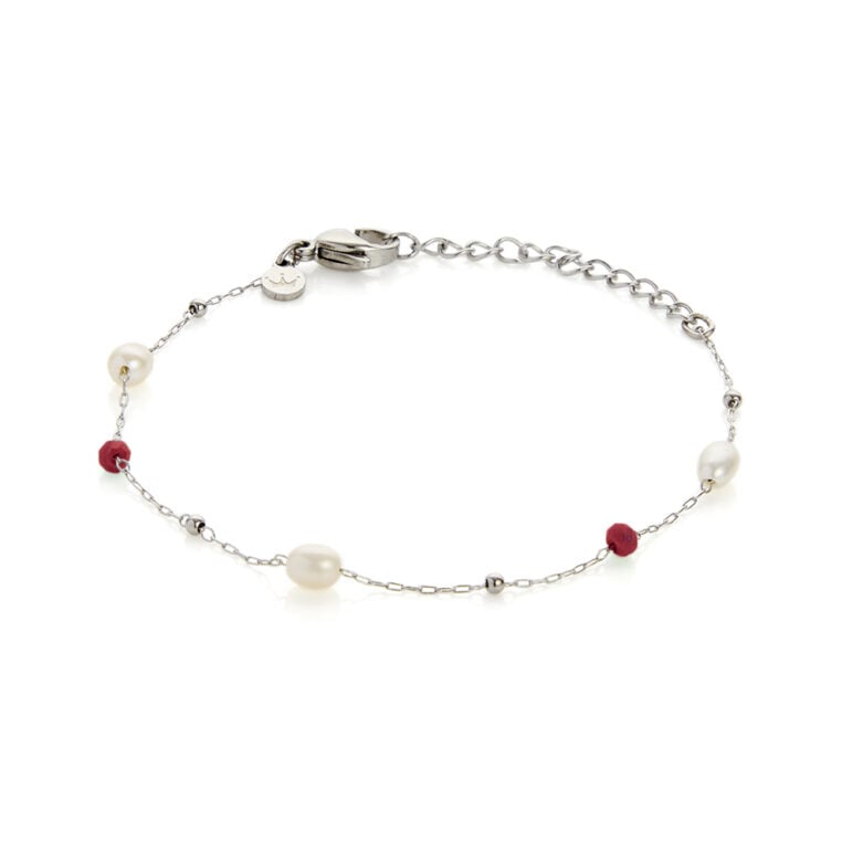 3mm red glass beads freshwater pearls and stainless steel chain bracelet