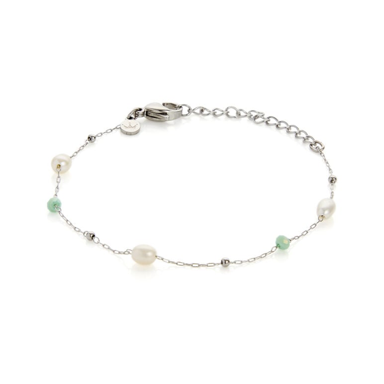 3mm green glass beads freshwater pearls and stainless steel chain bracelet