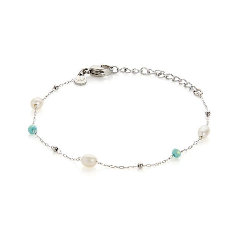 3mm blue glass beads freshwater pearls and stainless steel chain bracelet