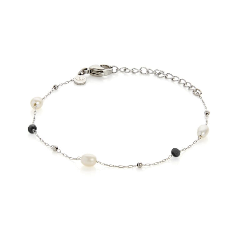 3mm black glass beads freshwater pearls and stainless steel chain bracelet