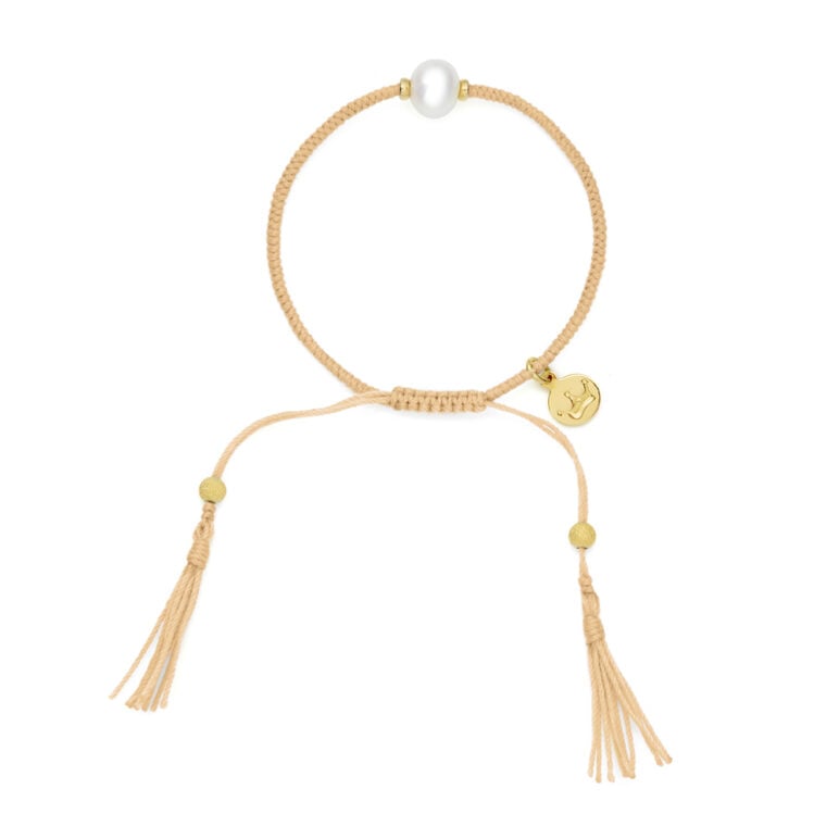 8mm freshwater pearl adjustable tassel bracelet on recycled plastic coloured thread