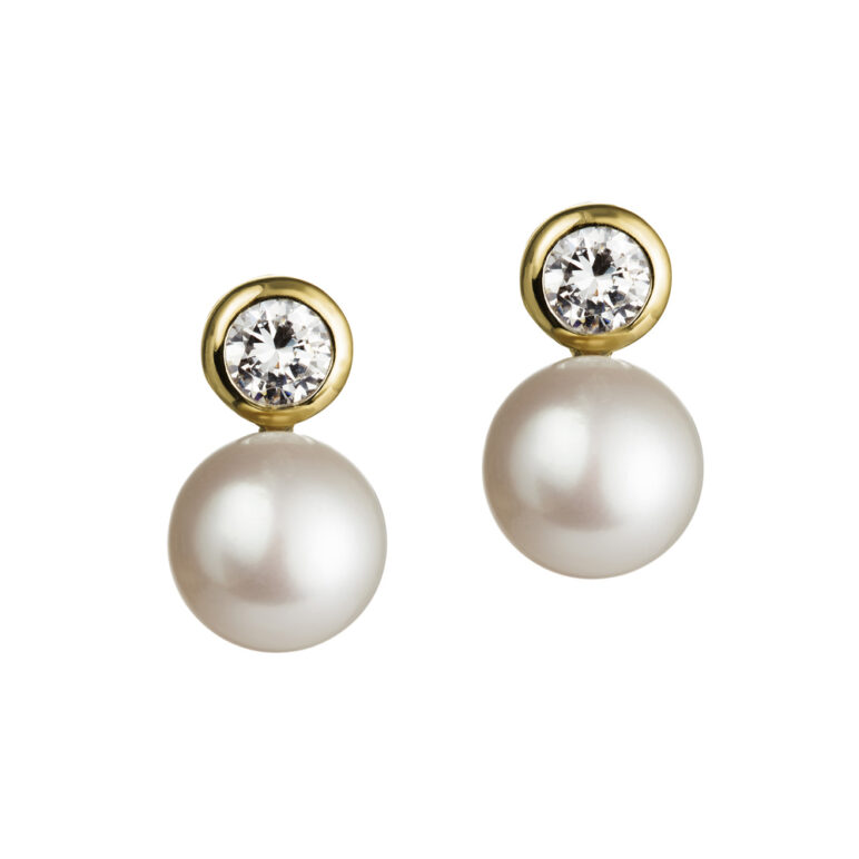 8mm white button freshwater pearl with white topaz yellow gold plated sterling silver earrings
