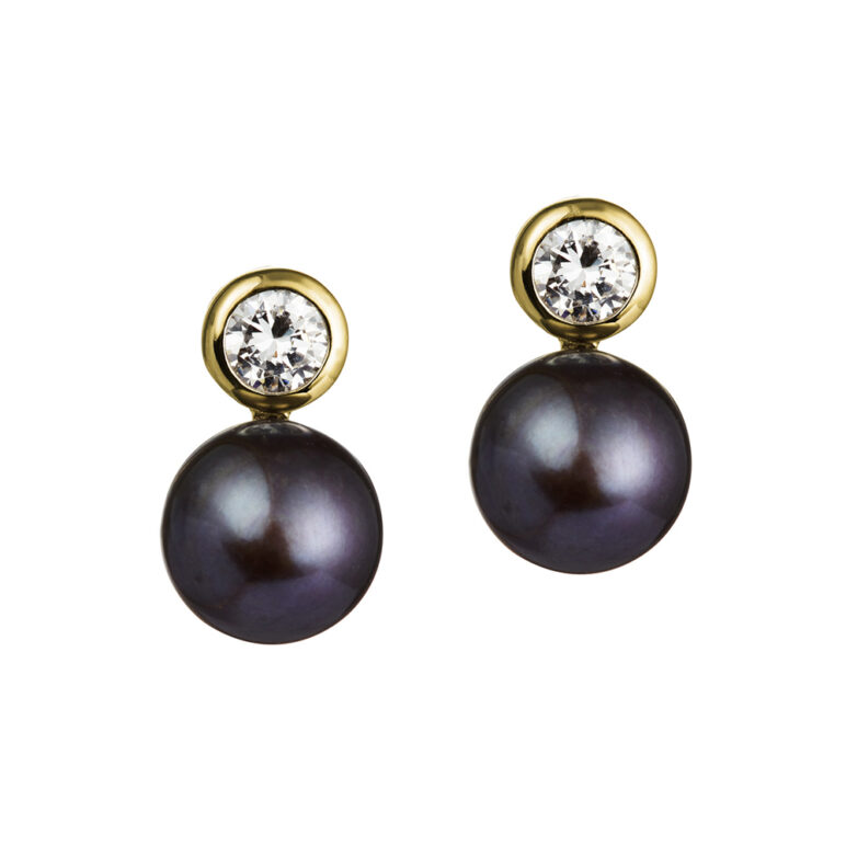 8mm peacock button freshwater pearl white topaz stone yellow gold plated earrings