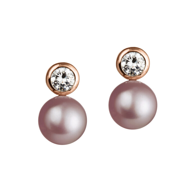 8mm pink button freshwater pearl white topaz rose gold plated sterling silver earrings