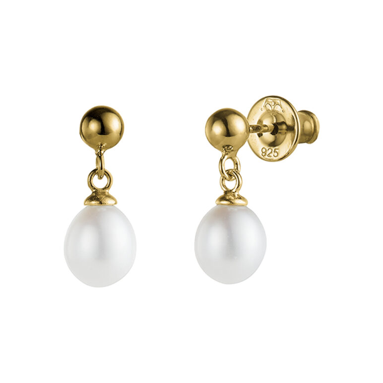 7mm white oval freshwater pearl yellow gold plated drop earrings