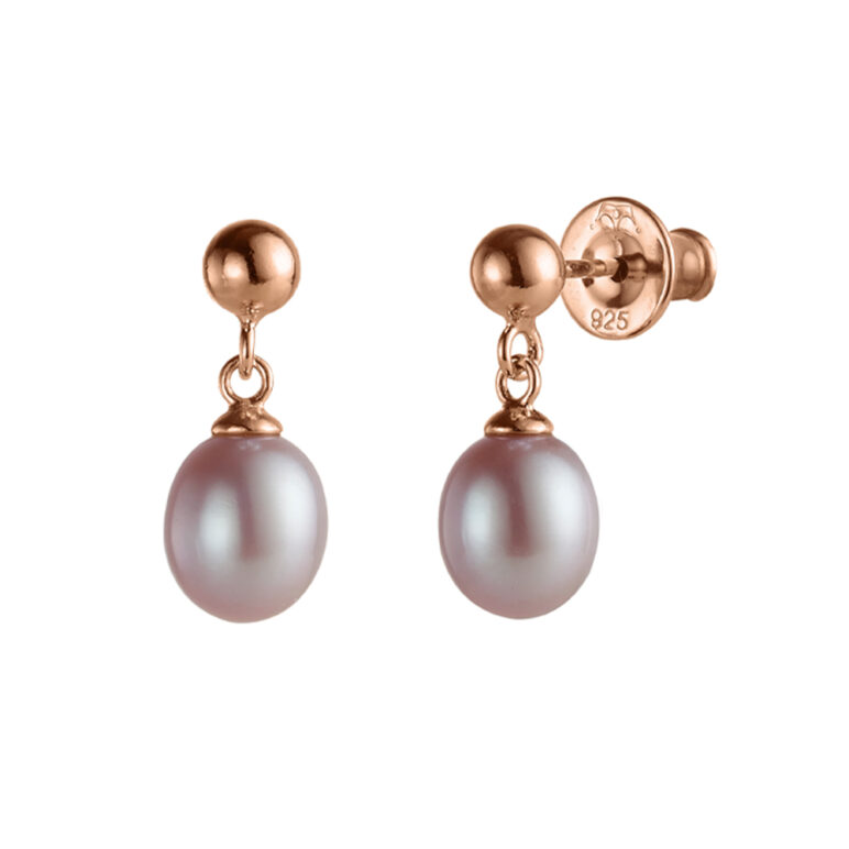 7mm pink oval freshwater pearl rose gold plated sterling silver drop earrings