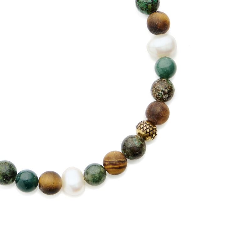 6mm white baroque freshwater pearl shiny moss agate shiny African turquoise matt tiger eye bracelet with yellow gold plate stainless steel clasp