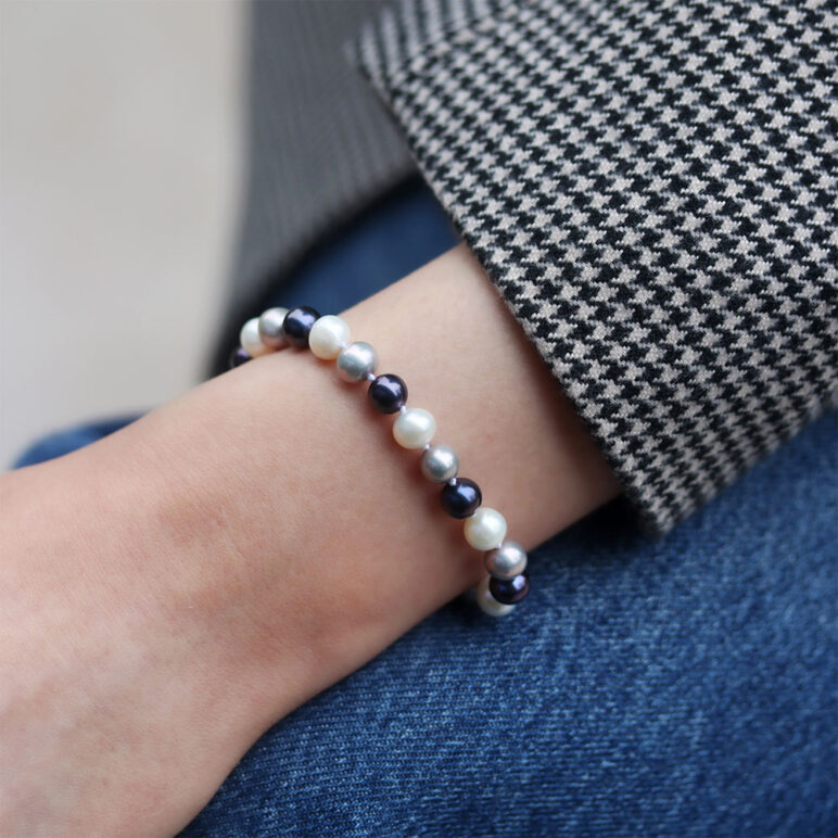 7mm peacock white grey near round freshwater pearl bracelet sterling silver clasp