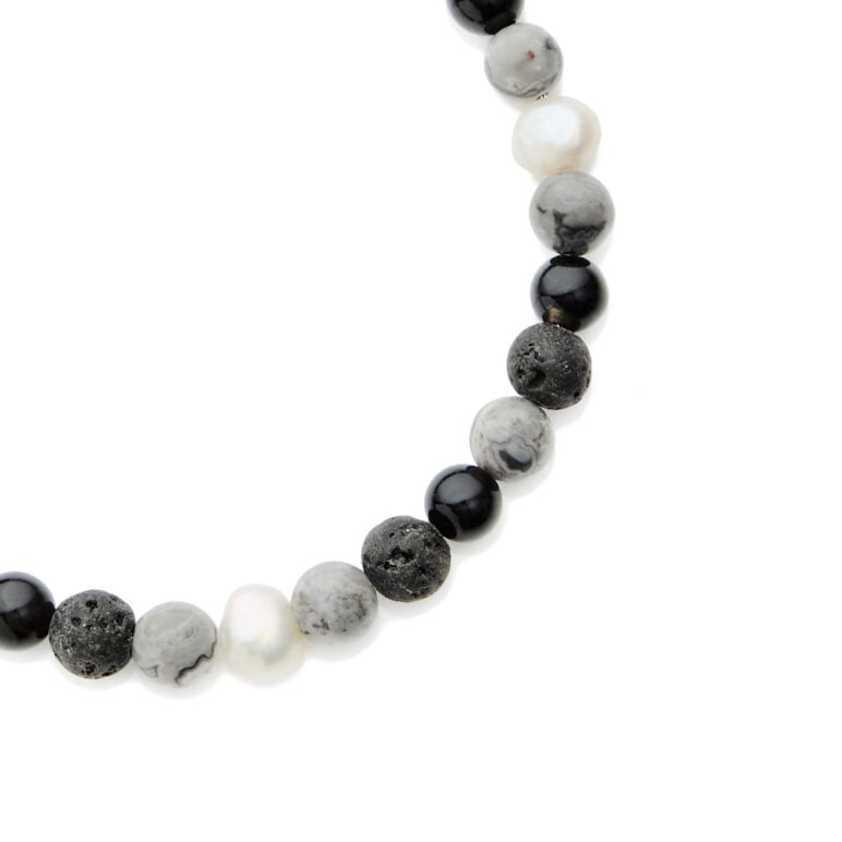 6mm white baroque freshwater pearl lave stone black agate bracelet with stainless steel magnetic clasp