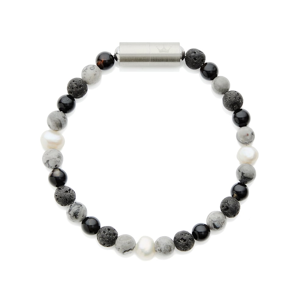 6mm white baroque freshwater pearl lava stone black agate bracelet with stainless steel magnetic clasp