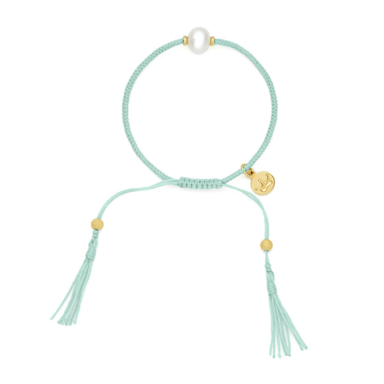 8mm freshwater pearl adjustable tassel bracelet on recycled plastic coloured thread