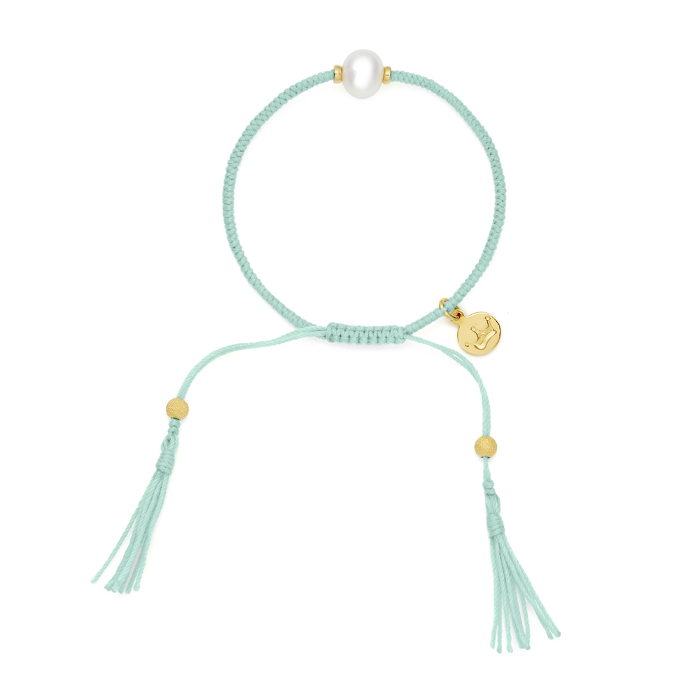 8mm freshwater pearl adjustable tassel bracelet on recycled plastic coloured thread