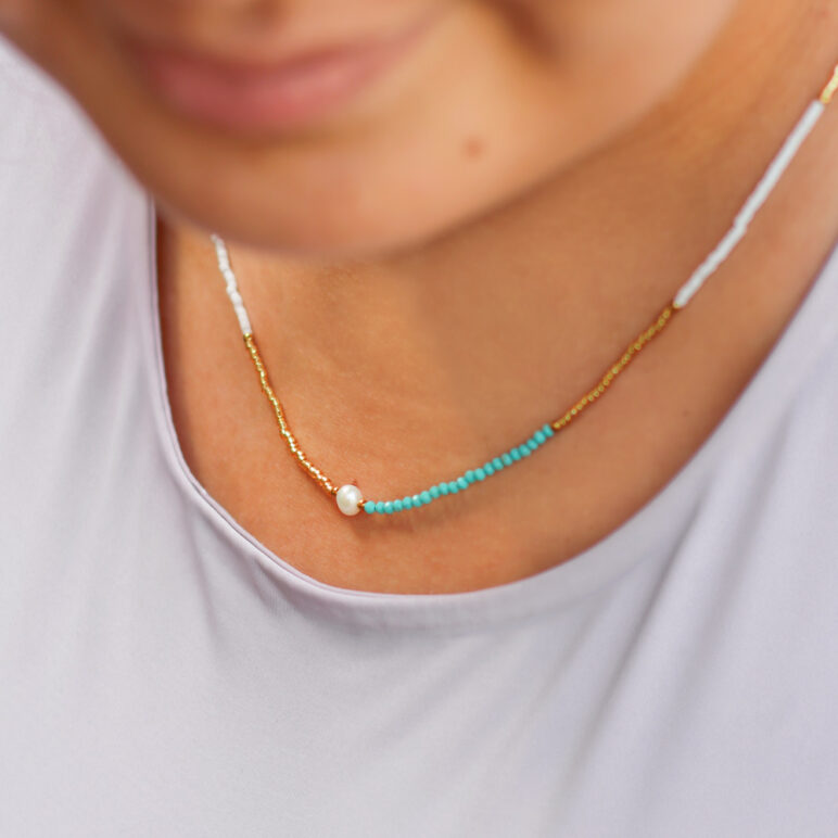 5mm freshwater pearl Turquoise stainless steel yellow gold necklace