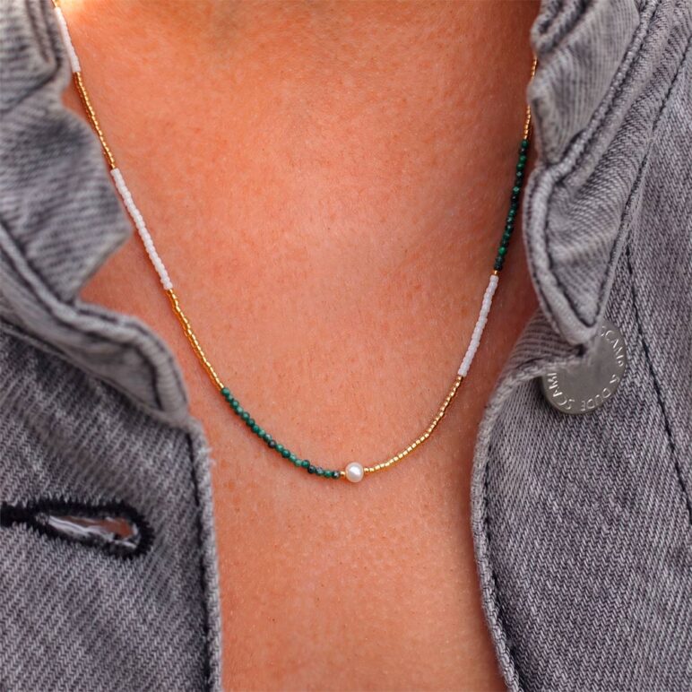 5mm freshwater pearl Malachite stainless steel yellow gold necklace