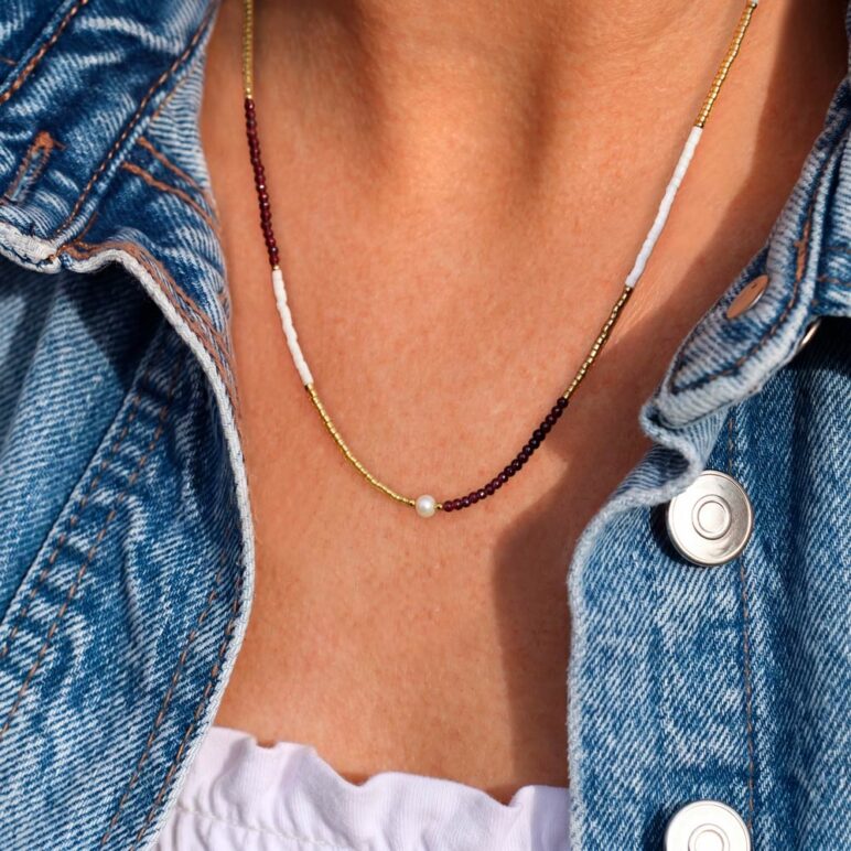5mm freshwater pearl garnet stainless steel yellow gold necklace