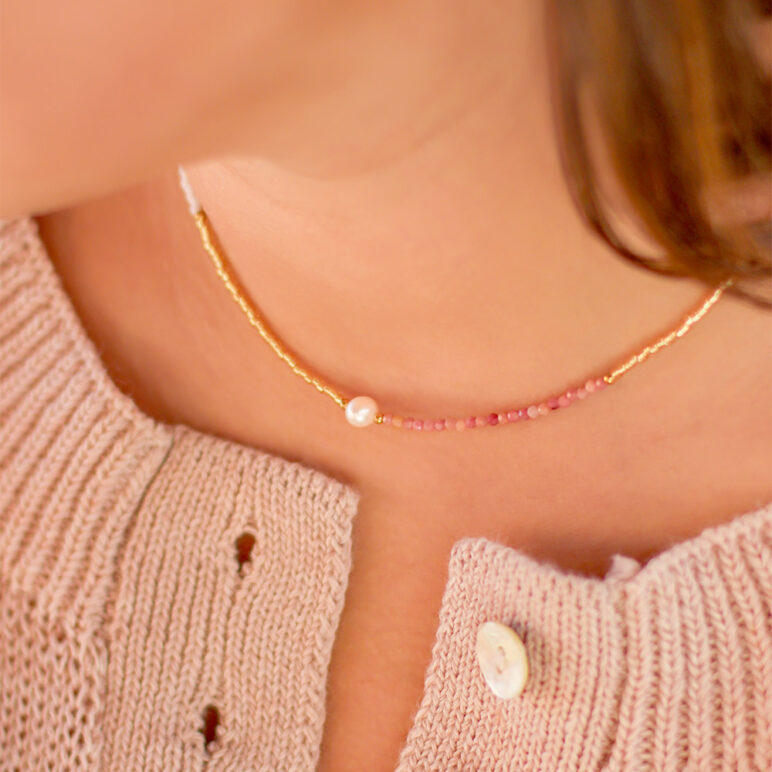 5mm freshwater pearl Rhodocrosite stainless steel yellow gold necklace