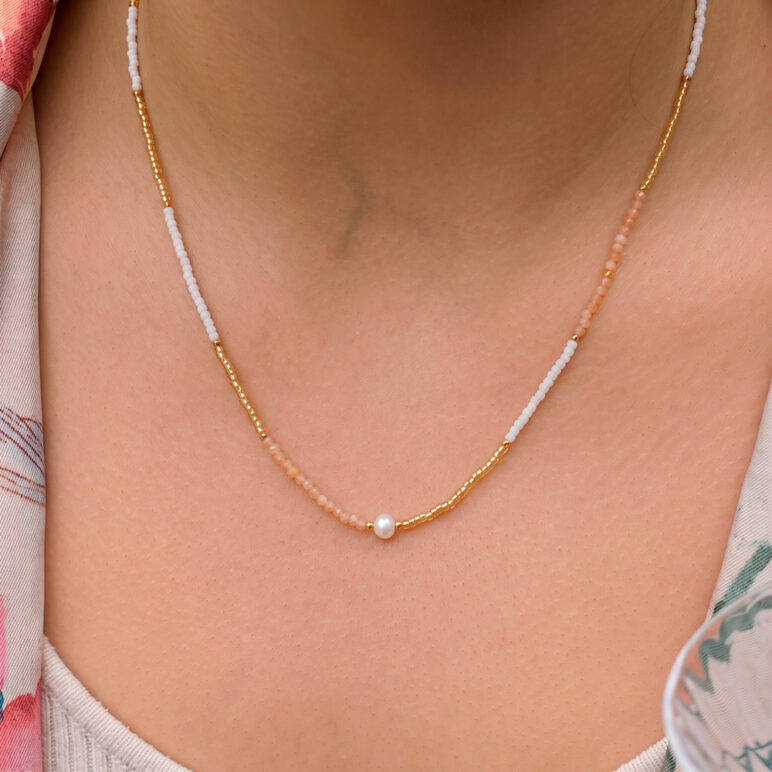 5mm freshwater pearl Sunstone stainless steel yellow gold necklace
