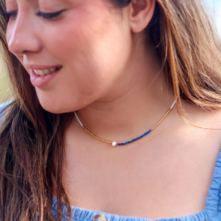 5mm freshwater pearl lapis lazuli stainless steel yellow gold necklace