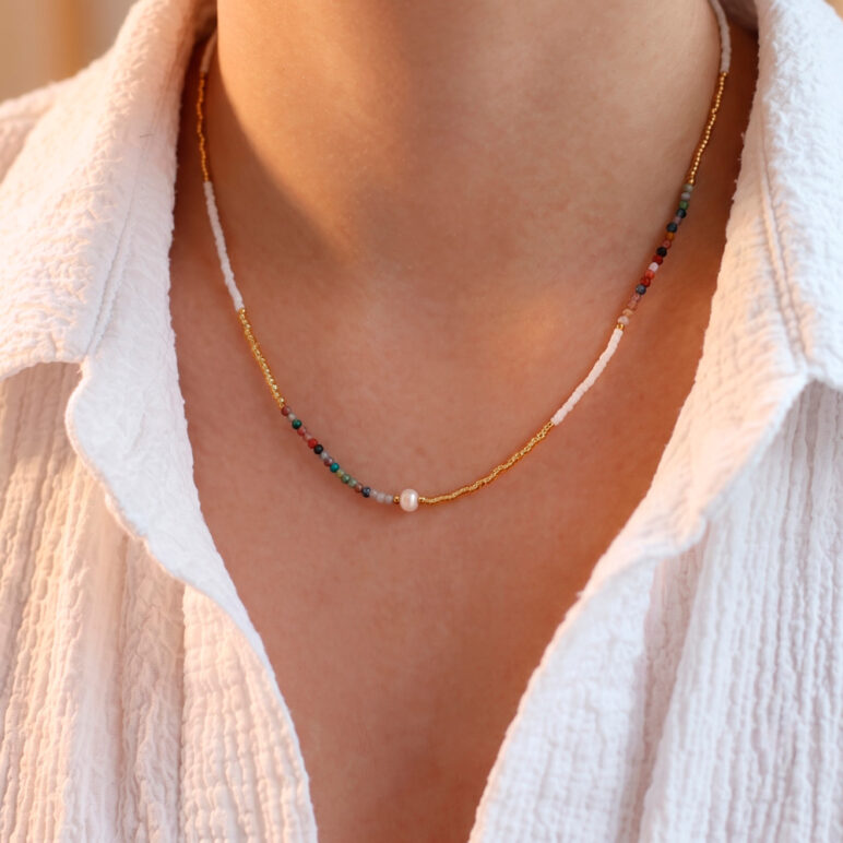 5mm freshwater pearl India Agate stainless steel yellow gold necklace