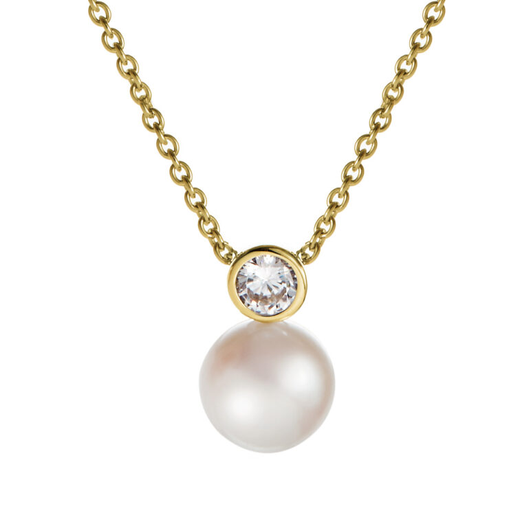 8mm white button freshwater pearl with white topaz pendant yellow gold plated sterling silver