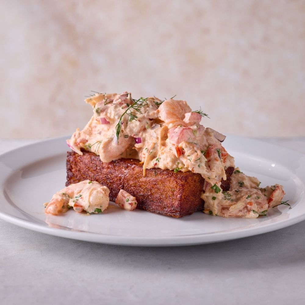 loaded hash brown topped with prawns and crayfish