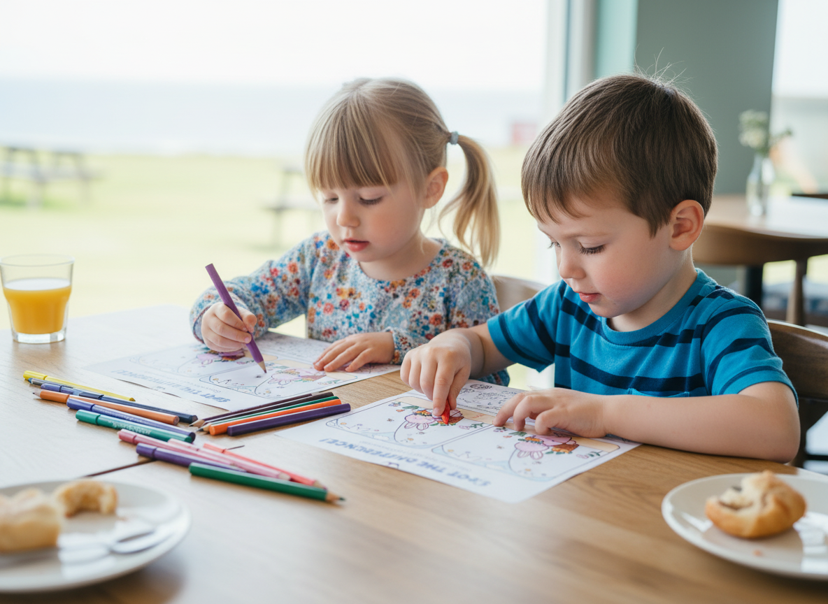 Two children doing easter activity sheets in the pearl cafe